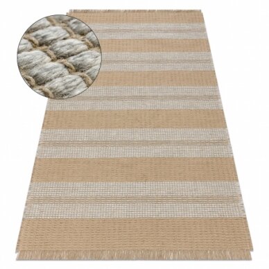 Kilimas JUTE 3734 smėlio spalvos / pilkos juostelės - džiutas, plokščias austas, kutais Kilimas JUTE 3734 smėlio spalvos / pilkos juostelės - džiutas, plokščias austas, kutais