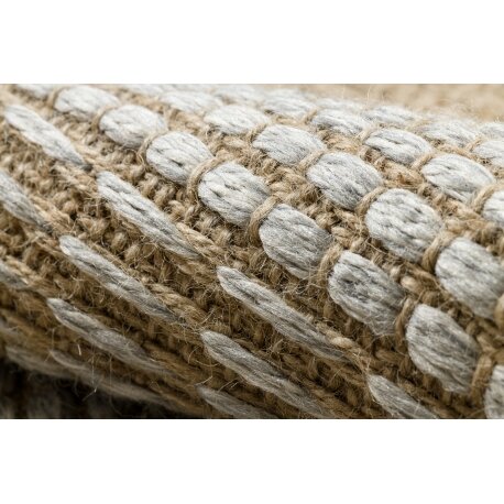Kilimas JUTE 3734 smėlio spalvos / pilkos juostelės - džiutas, plokščias austas, kutais 3 Kilimas JUTE 3734 smėlio spalvos / pilkos juostelės - džiutas, plokščias austas, kutais 3